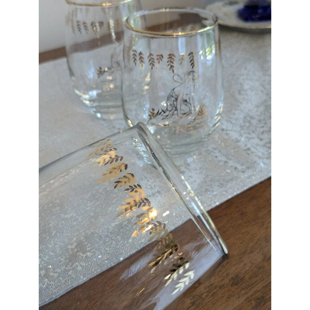 White Rock Tumblers Set 4 Nymph Fairy VTG GingerAle Gold Paint Glass MCM 50s 60s